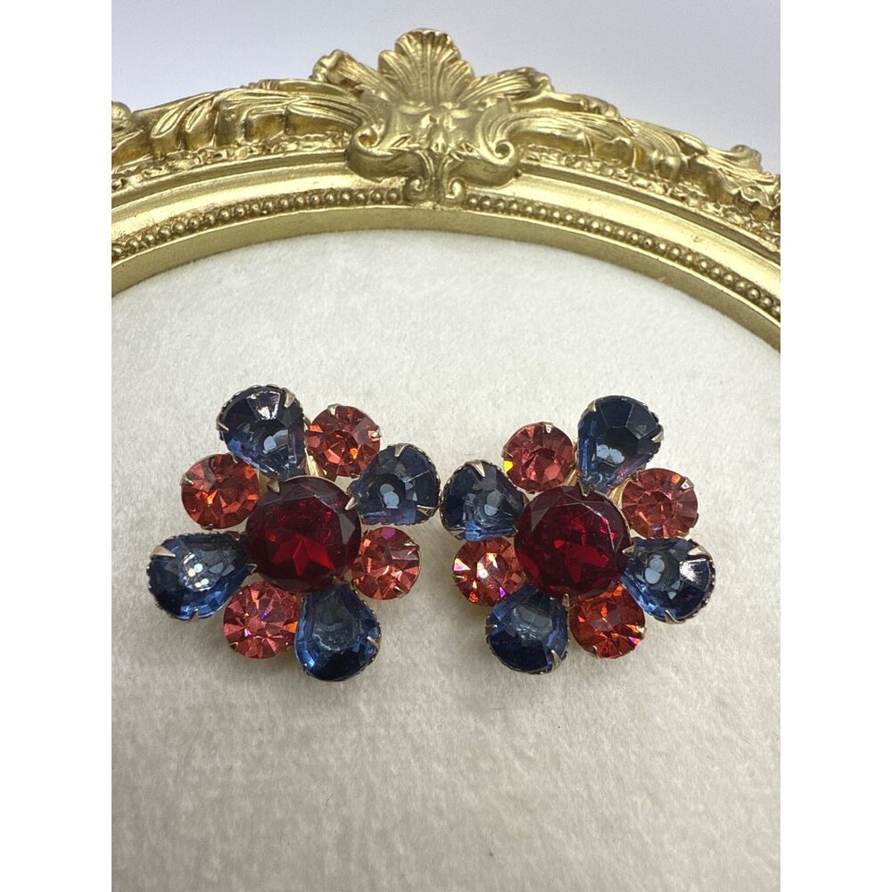 Vintage Flower Clip-On Earrings With Red & Blue Rhinestones